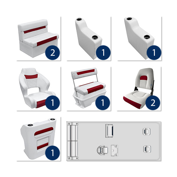 Deluxe Complete 18-22' Fishing Pontoon Furniture Set - White / Crimson Red