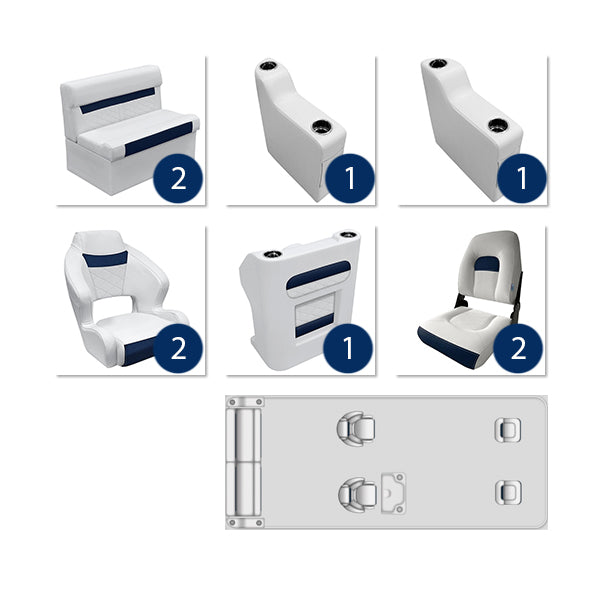 Deluxe Complete 18-22' Dual Bucket Fishing Pontoon Furniture Set - White / Mariner Blue