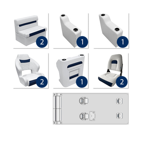 Deluxe Complete 18-22' Dual Bucket Fishing Pontoon Furniture Set - White / Mariner Blue