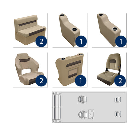 Deluxe Complete 18-22' Dual Bucket Fishing Pontoon Furniture Set - Neutral / Meteor
