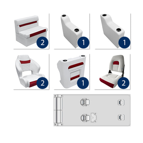 Deluxe Complete 18-22' Dual Bucket Fishing Pontoon Furniture Set - White / Crimson Red