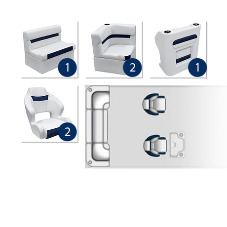 Deluxe Dual Bucket Rear Bench & Console Pontoon Furniture Set - White / Mariner Blue