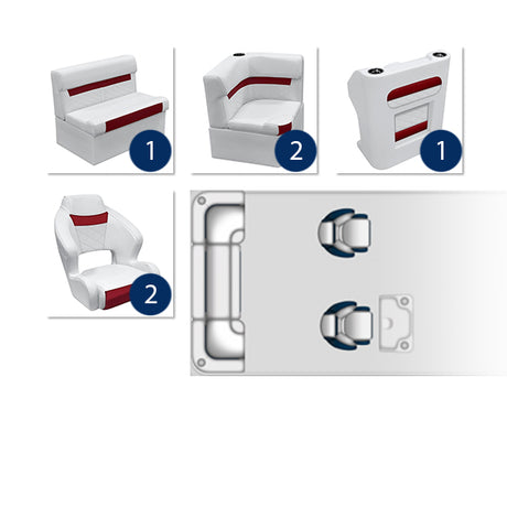 Deluxe Dual Bucket Rear Bench & Console Pontoon Furniture Set - White / Crimson Red