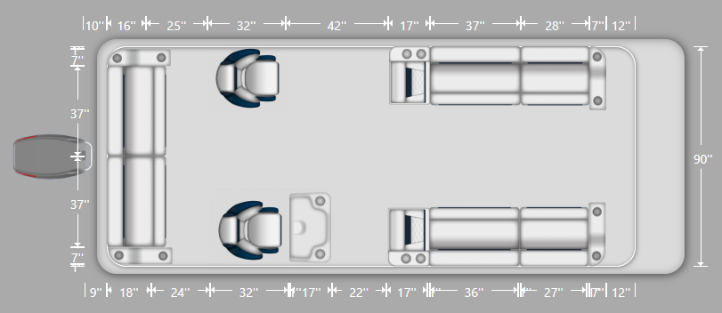 Wise DLX Full Lounge with Double Bucket Seat Pontoon Furniture Set layout and Dimension