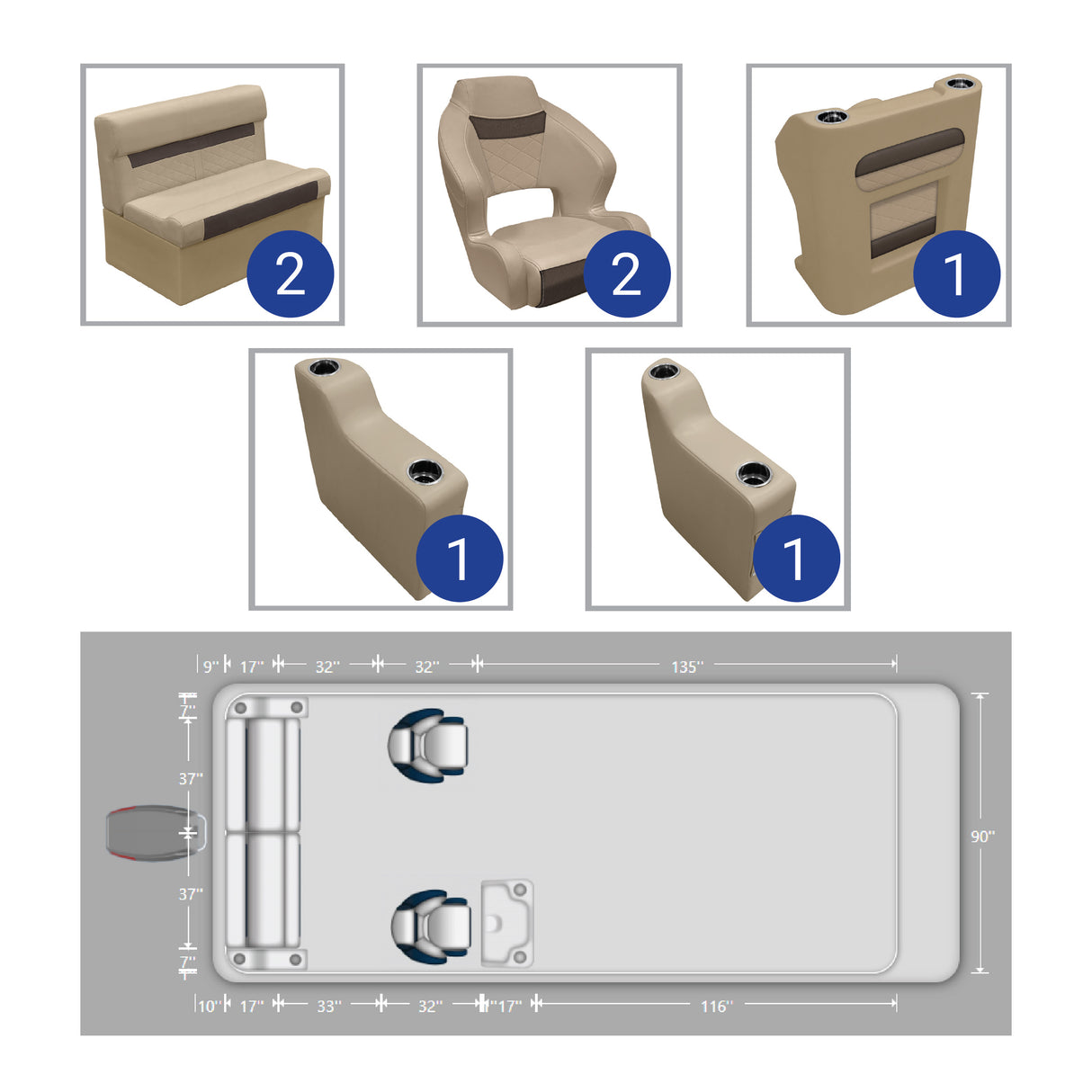 DLX Rear Bench & Dual Bucket Pontoon Seat Package