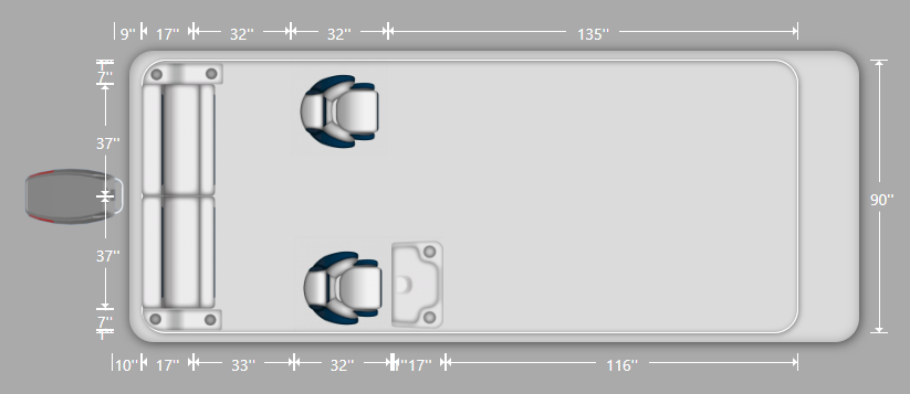 Wise DLX Rear Bench & Dual Bucket Pontoon Furniture Seat layout and dimension