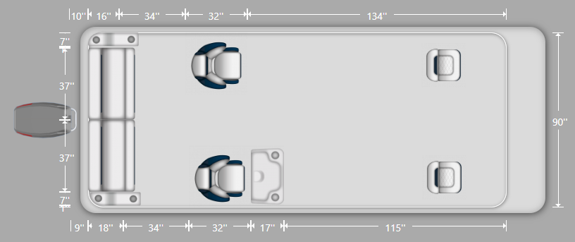 Wise DLX 18-22' Rear Bench Fishing Pontoon Furniture Set Layout and Dimension