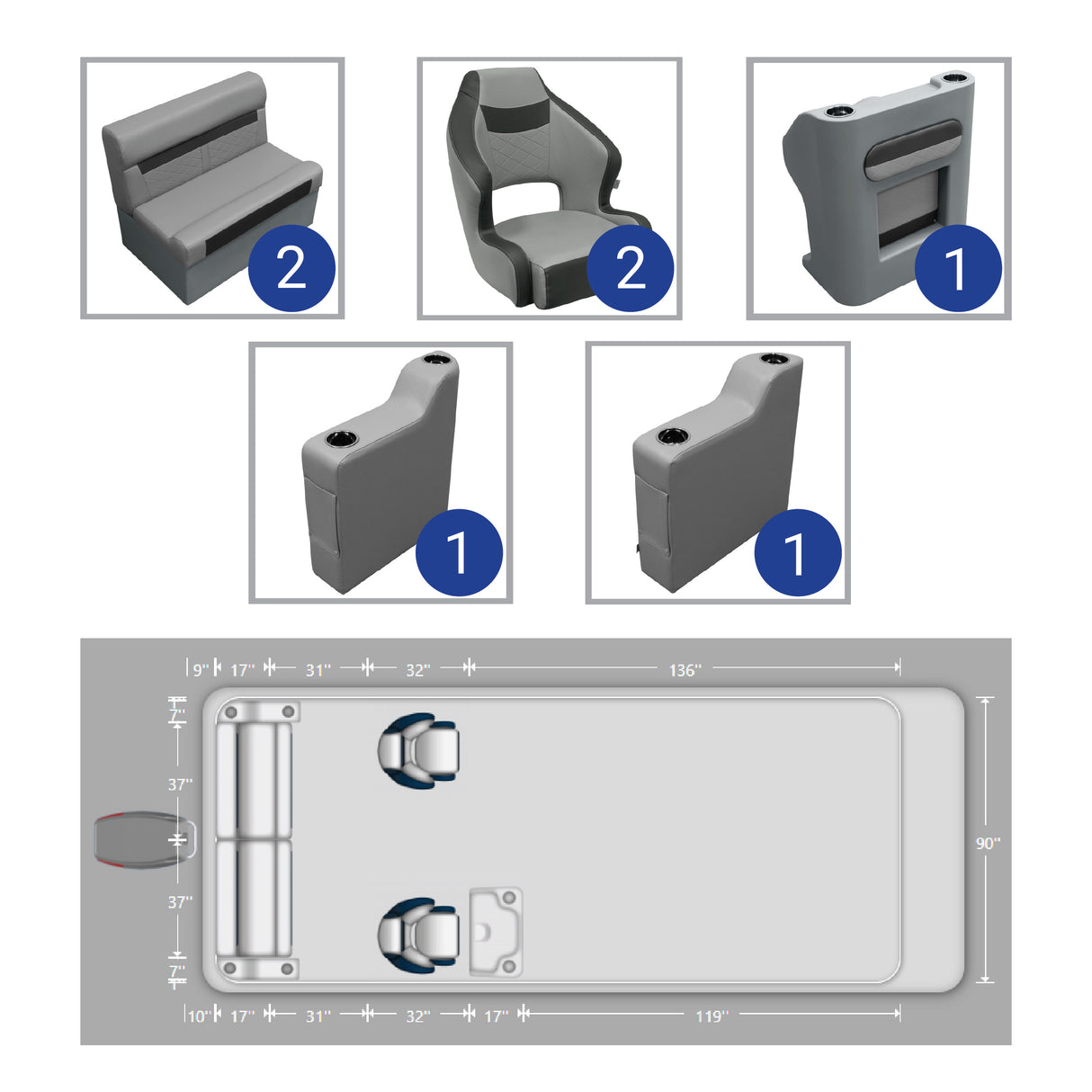DLX Rear Couch & Dual Bucket Seat Pontoon Seat Package