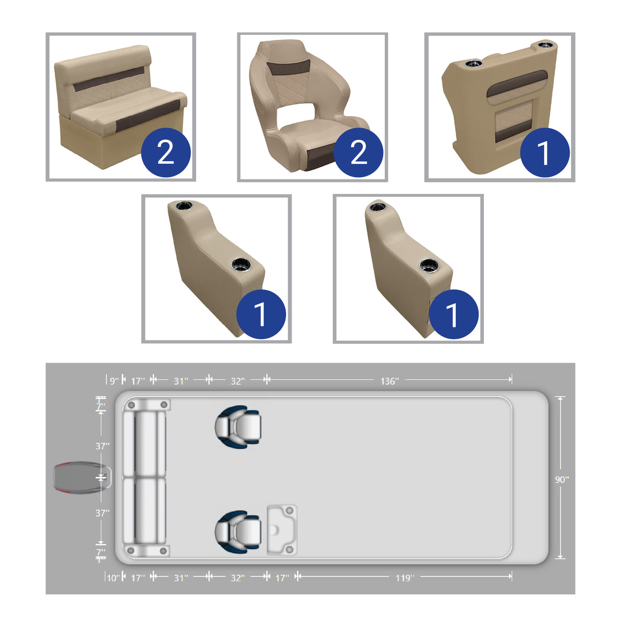 DLX Rear Couch & Dual Bucket Seat Pontoon Seat Package