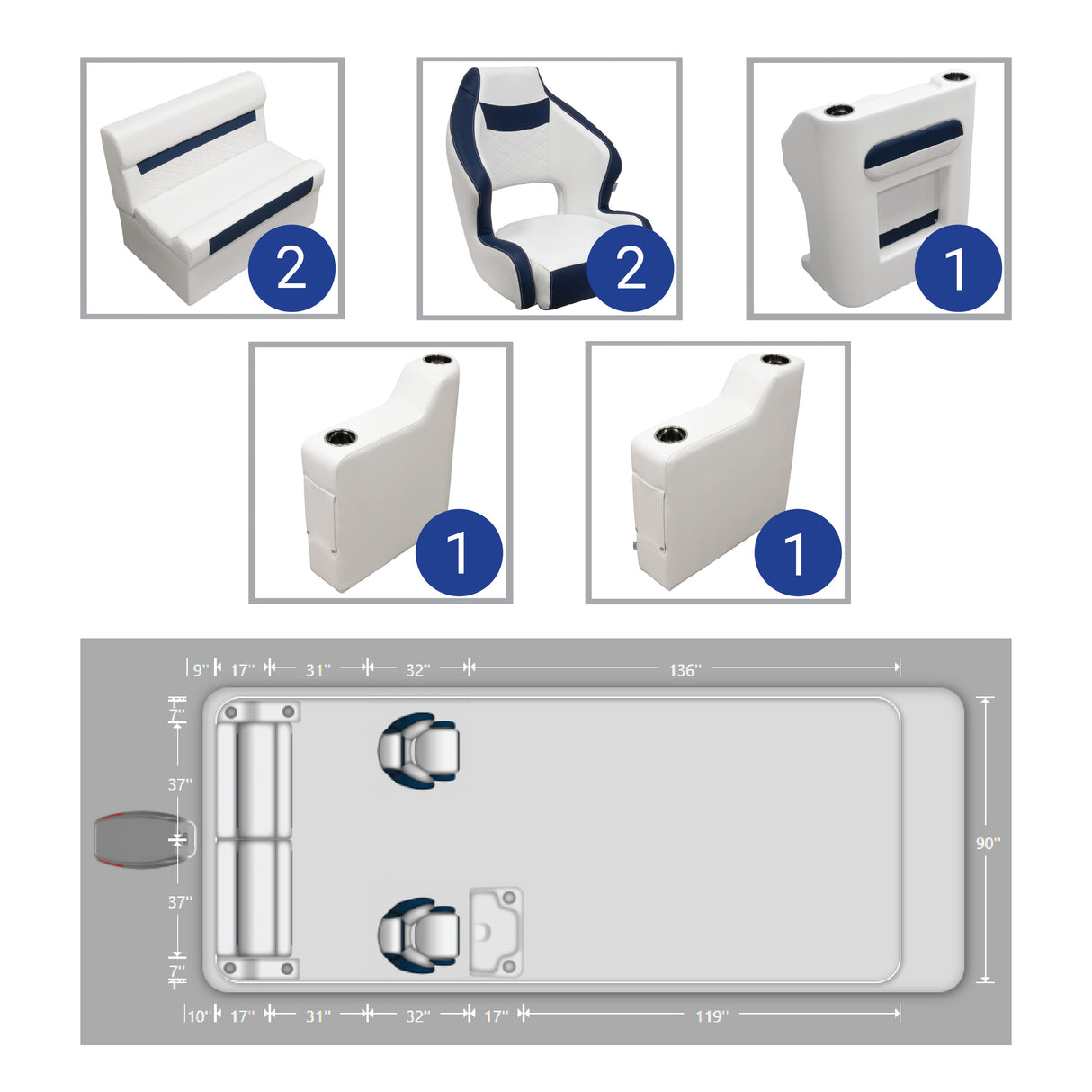 DLX Rear Couch & Dual Bucket Seat Pontoon Seat Package