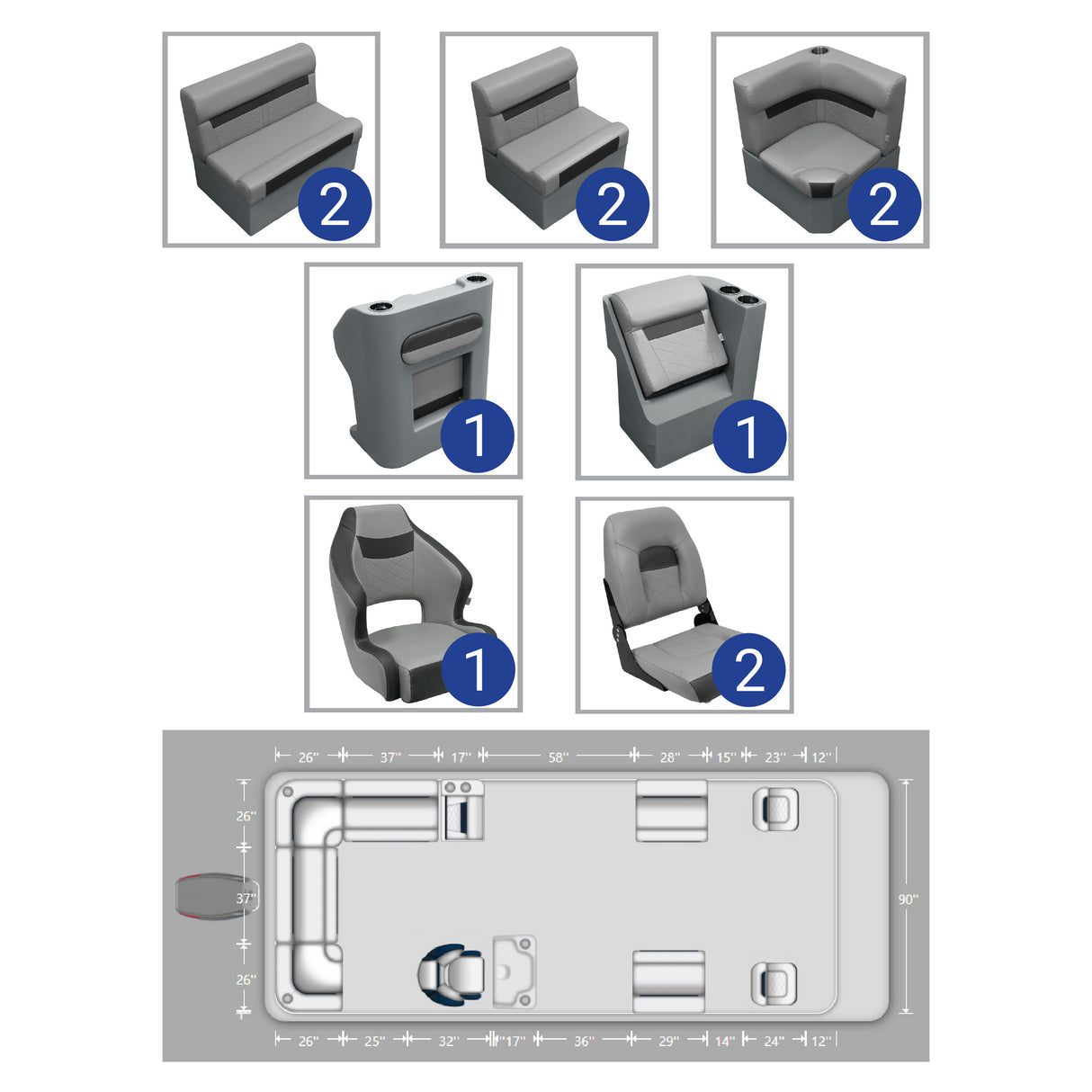 DLX 18-22' Rear L with Front Lounge Fishing Pontoon Seat Package