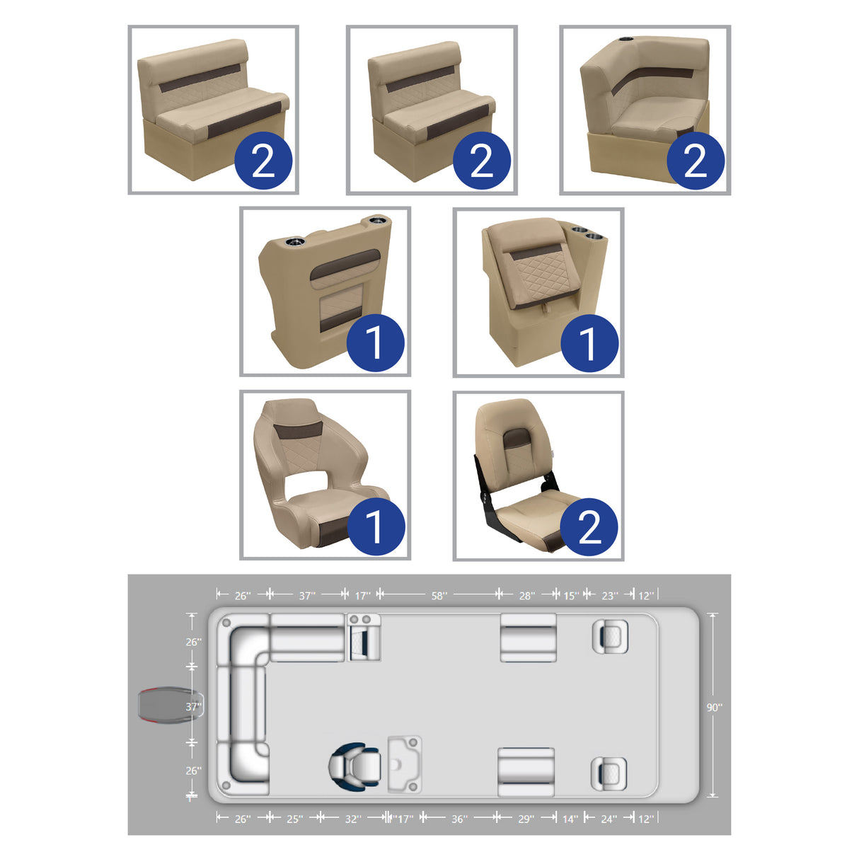 DLX 18-22' Rear L with Front Lounge Fishing Pontoon Seat Package