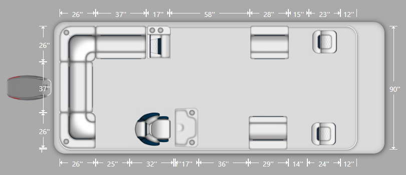 DLX 18-22' Rear L with Front Lounge Fishing Pontoon Seat Package Layout and Dimension
