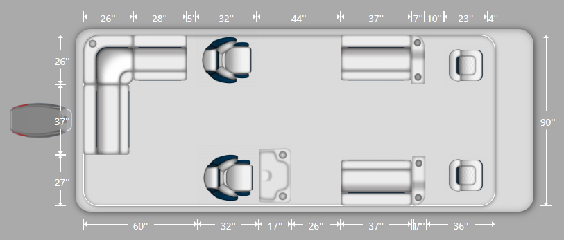 Wise DLX 18-22' Rear L Fishing Pontoon Furniture Set Layout and Dimension